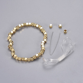 Brass Beads Stretch Bracelets, Cube, Packing Box, Golden, 2-1/8 inch(5.3cm)
