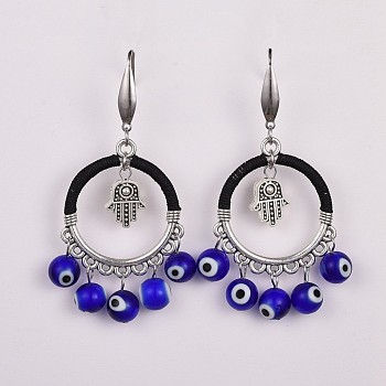 Lampwork Beads Dangle Earrings, with Alloy Beads, 316 Surgical Stainless Steel Earring Hooks and Nylon Thread, Hamsa Hand and Evil Eye, Blue, 66mm, Pin: 0.74mm