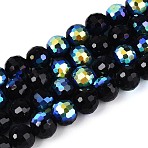 Electroplate Opaque Glass Beads Strands, Round, Faceted(96 Faceted), Half AB Color Plated, Black, 7.5~8mm, Hole: 1~1.4mm, about 68~69pcs/strand, 19.49~19.88 inch(49.5~50.5cm)(EGLA-N024-01A-A02)