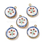 Printed Handmade Porcelain Pendants, with 304 Stainless Steel Findings, Flat Round with Flower Charms, Long-Lasting Plated, Colorful, Real 18K Gold Plated, 22.5~23x19~19.5x5.5mm, Hole: 2mm(PR-NH0004-01G)