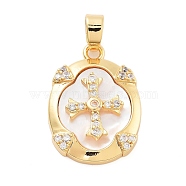 Rack Plating Brass Clear Cubic Zirconia Charms, with Shell, Oval with Cross, Real 18K Gold Plated, 20x14.5x3.5mm, Hole: 5x3mm(KK-L217-003G)