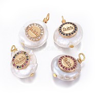 Natural Cultured Freshwater Pearl Pendants, Inspirational Message Pendants, with Brass Micro Pave Cubic Zirconia Findings, Nuggets with Flat Round, with Word Faith, Golden, Mixed Color, 17~26x11~16x5~11mm, Hole: 1.6~2mm(PEAR-L027-47)