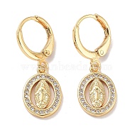 Real 18K Gold Plated Brass Dangle Leverback Earrings, with Cubic Zirconia, Virgin Mary, Oval, 27.5x10mm(EJEW-L269-024G-01)