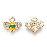 Golden Plated Alloy Enamel Charms, with Rhinestone, Bee Charm, Green, 12.5x14.5x2.5mm, Hole: 1.8mm(ENAM-G212-18G-01)