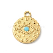 304 Stainless Steel Resin Rhinestone Pendants, Flat Round, Evil Eye, Golden, Light Sky Blue, 19x15x3mm, Hole: 2mm(STAS-I322-44G)