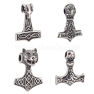 4Pcs 4 Style 304 Stainless Steel Pendants, Thor's Hammer with Sheep/Tiger, Antique Silver, 37~43x28~30x9~19.5mm, Hole: 5~6mm, 1pc/style(STAS-UN0043-51)