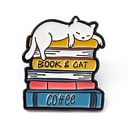 Book & Cat Coffee Enamel Pin, Electrophoresis Black Alloy Brooch for Cat Person, Book Pattern, 31x27x2mm, Pin: 1.3mm(JEWB-A005-22-04)