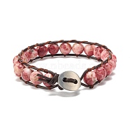 Natural Crazy Agate Beaded Bracelet, Energy Round Beads Leather Wrap Bracelet for Girl Women, Indian Red, 8-7/8 inch(22.5cm)(BJEW-JB07146-05)