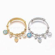 Adjustable 304 Stainless Steel Charm Bangles, with Enamel, Glass and Rhinestone, Eye, Hamsa Hand and Flat Round, Mixed Color, 2-1/4 inch(5.6cm), 4~12mm(BJEW-F326-03)