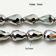 Electroplate Glass Beads Strands, Faceted, teardrop, Silver Plated, 7x5mm, Hole: 1mm, about 65~67pcs/strand, 18~18.5 inch(45.5~46.9cm)(EGLA-D017-7x5mm-5)