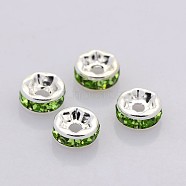 Brass Rhinestone Spacer Beads, Grade A, Straight Flange, Silver Color Plated, Rondelle, Peridot, 6x3mm, Hole: 1mm(RB-A014-Z6mm-07S)