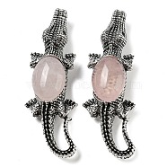 Dual-use Items Alloy Crocodile Brooch, with Natural Rose Quartz, Antique Silver, 67.5x24x10mm, hole: 4x3.5mm(JEWB-C026-01A-AS)