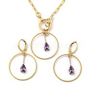 Transparent Glass Jewelry Sets, Brass Paperclip Chains Pendant Necklaces & Hoop Earrings, with Brass Linking Rings and Huggie Hoop Earring Findings, Golden, Violet, 20.67 inch(52.5cm),  37mm, Pin: 0.8mm(SJEW-JS01121-02)