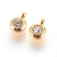 304 Stainless Steel Rhinestone Charms, Flat Round, Crystal, 9.3x6.5x4mm, Hole: 2mm(X-STAS-P237-10G-13)