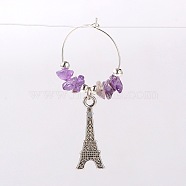 Natural Gemstone Wine Glass Charms, with Tibetan Style Alloy Eiffel Tower Pendant, Iron Beads and Brass Hoop Earrings, Platinum, Amethyst, 58mm, pin: 0.7mm(AJEW-JO00003-03)
