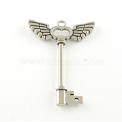 Tibetan Style Alloy Big Pendants, Key with Wings, Cadmium Free & Lead Free, Antique Silver, 58.5x40x4mm, Hole: 3mm, about 131pcs/1000g(TIBE-Q050-50AS-LF)