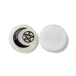 Resin Cabochons, with Glitter Powder, Flat Round with Moon & Pentagram Pattern, White, 29x5.5mm(RESI-G055-02D)