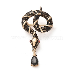 Rhinestone Snake Aolly Brooch with Enamel, Antique Silver, Black, 62x32mm(JEWB-V002-17A)