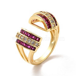 Cubic Zirconia Arch Open Cuff Ring, Real 18K Gold Plated Brass Wide Ring for Women, Deep Pink, US Size 7(17.3mm)(RJEW-C041-02G-03)