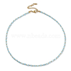 Oval Glass & 201 Stainless Steel Beaded Necklace, Light Sky Blue, 16.02 inch(40.7cm)(NJEW-Z029-01B)