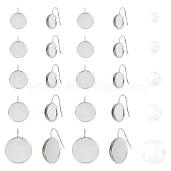 40Pcs 5 Styles Flat Round 304 Stainless Steel Earring Hooks Settings, with 40Pcs Transparent Glass Cabochons, for DIY Earring Making Kits, Stainless Steel Color, 18mm, 21 Gauge, Pin: 0.7mm, 8pcs/style(STAS-UN0026-16)