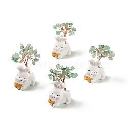 Natural Green Aventurine Tree Display Decorations, Resin Rabbit Base Feng Shui Ornament for Wealth, Luck, Rose Gold, 26x42~49x62~64mm(DJEW-E007-01RC-07)