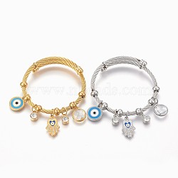 Adjustable 304 Stainless Steel Charm Bangles, with Enamel, Glass and Rhinestone, Eye, Hamsa Hand and Flat Round, Mixed Color, 2-1/4 inch(5.6cm), 4~12mm(BJEW-F326-03)