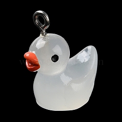 Luminous Opaque Resin Cartoon Pendants, Duck Charms with Platinum Tone Iron Loops, Glow in the Dark, White, 18~21.5x17x11.5mm, Hole: 2.3mm(CRES-Z004-01C-P)