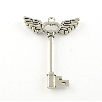 Tibetan Style Alloy Big Pendants, Key with Wings, Cadmium Free & Lead Free, Antique Silver, 58.5x40x4mm, Hole: 3mm, about 131pcs/1000g