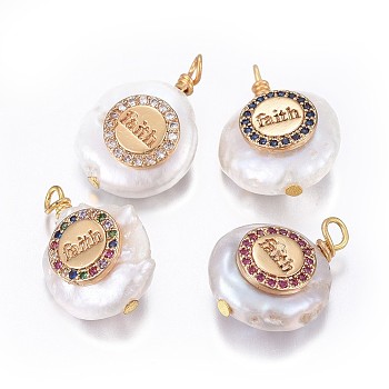 Natural Cultured Freshwater Pearl Pendants, Inspirational Message Pendants, with Brass Micro Pave Cubic Zirconia Findings, Nuggets with Flat Round, with Word Faith, Golden, Mixed Color, 17~26x11~16x5~11mm, Hole: 1.6~2mm