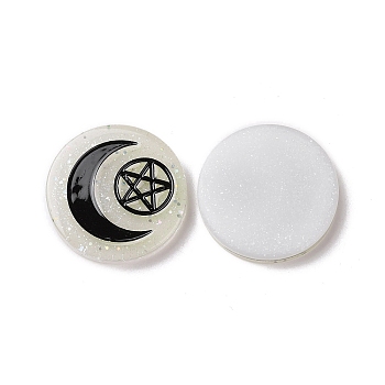 Resin Cabochons, with Glitter Powder, Flat Round with Moon & Pentagram Pattern, White, 29x5.5mm