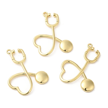 Eco-Friendly Rack Plating Brass Pendants, Cadmium Free & Lead Free, Stethoscope Charm, Real 18K Gold Plated, 34x28x3mm, Hole: 1.4mm