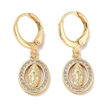Real 18K Gold Plated Brass Dangle Leverback Earrings, with Cubic Zirconia, Virgin Mary, Oval, 27.5x10mm