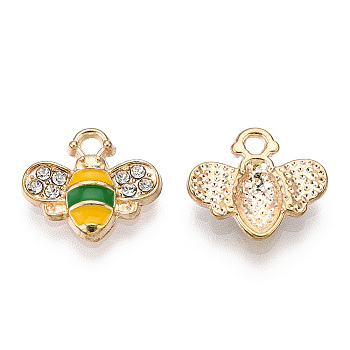 Golden Plated Alloy Enamel Charms, with Rhinestone, Bee Charm, Green, 12.5x14.5x2.5mm, Hole: 1.8mm