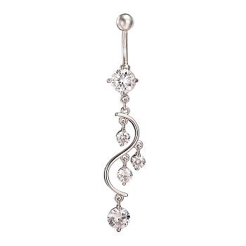 Piercing Jewelry Real Platinum Plated Brass Rhinestone S Shape Navel Ring Belly Rings, Crystal, 63x9mm, Bar Length: 3/8"(10mm), Bar: 14 Gauge(1.6mm)