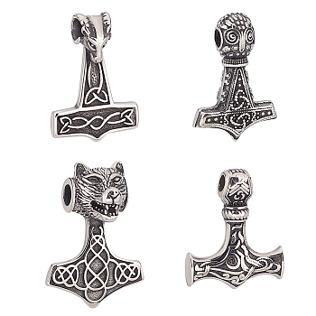 4Pcs 4 Style 304 Stainless Steel Pendants, Thor's Hammer with Sheep/Tiger, Antique Silver, 37~43x28~30x9~19.5mm, Hole: 5~6mm, 1pc/style