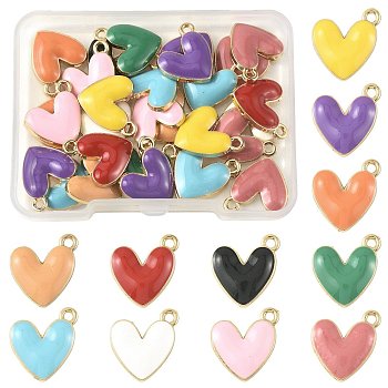 30Pcs Eco-Friendly Zinc Alloy Pendants, with Enamel, Cadmium Free & Nickel Free & Lead Free, Heart, Light Gold, Mixed Color, 16x15x3mm, Hole: 1.6mm, 11 style/set