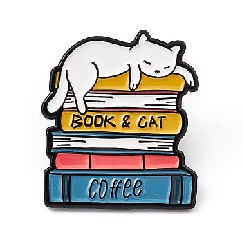 Book & Cat Coffee Enamel Pin, Electrophoresis Black Alloy Brooch for Cat Person, Book Pattern, 31x27x2mm, Pin: 1.3mm