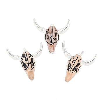 Resin Big Pendants, Cattle Head Shaped Charms with Brass Snap on Bails, Silver, 50x46.5x15mm, Hole: 7x4.5mm