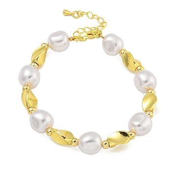 Rack Plating Brass Oval & Twist Beaded Bracelets for Women, with ABS Plastic Pearl, Cadmium Free & Lead Free, Long-Lasting Plated, Real 18K Gold Plated, 7-1/2 inch(19cm)