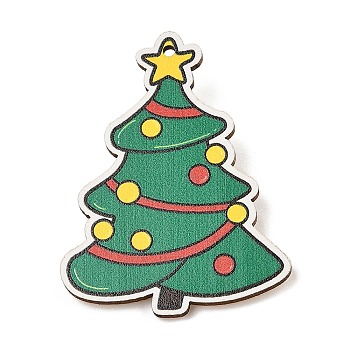 Christmas Theme Wood Printed Brooches for Women, Iron Pins, Christmas Tree, 55x42mm, hole: 2mm