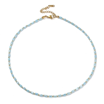 Oval Glass & 201 Stainless Steel Beaded Necklace, Light Sky Blue, 16.02 inch(40.7cm)