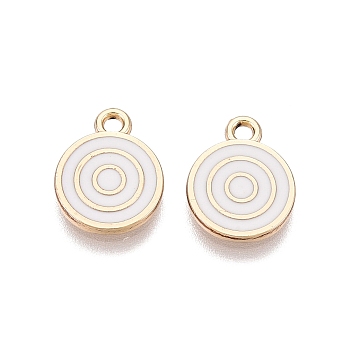 Rack Plating Alloy Enamel Pendants, Flat Round Charms, Golden, White, 13x10.5x1.5mm, Hole: 1.6mm