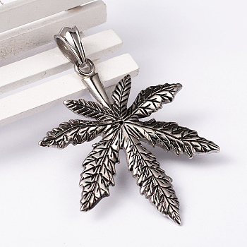 304 Stainless Steel Big Pendants, Pot Leaf/Hemp Leaf Shape, Weed Charms, Antique Silver, 72x59x3.5mm, Hole: 13x8mm