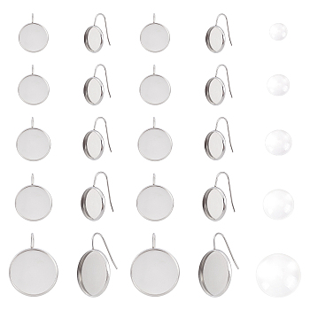 40Pcs 5 Styles Flat Round 304 Stainless Steel Earring Hooks Settings, with 40Pcs Transparent Glass Cabochons, for DIY Earring Making Kits, Stainless Steel Color, 18mm, 21 Gauge, Pin: 0.7mm, 8pcs/style
