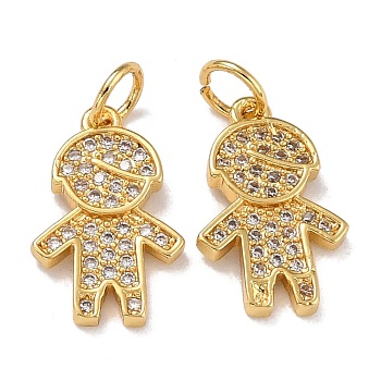 Brass Micro Pave Cubic Zirconia Charms, with Jump Ring, Real 18K Gold Plated, Boy, Clear, 15.5x10x1.5mm, Jump Ring: 5x0.8mm, Inner Diameter: 3.2mm