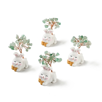 Natural Green Aventurine Tree Display Decorations, Resin Rabbit Base Feng Shui Ornament for Wealth, Luck, Rose Gold, 26x42~49x62~64mm