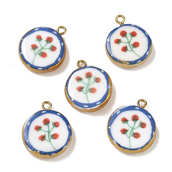 Printed Handmade Porcelain Pendants, with 304 Stainless Steel Findings, Flat Round with Flower Charms, Long-Lasting Plated, Colorful, Real 18K Gold Plated, 22.5~23x19~19.5x5.5mm, Hole: 2mm