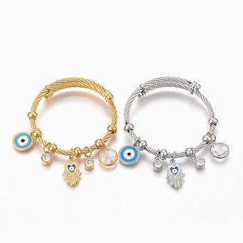 Adjustable 304 Stainless Steel Charm Bangles, with Enamel, Glass and Rhinestone, Eye, Hamsa Hand and Flat Round, Mixed Color, 2-1/4 inch(5.6cm), 4~12mm