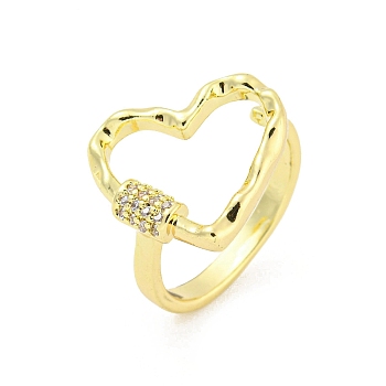 Heart Brass Micro Pave Clear Cubic Zirconia Open Cuff Rings, Long-Lasting Plated, Golden, Inner Diameter: 18mm